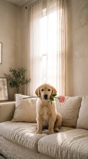 Golden Retriever Puppy Holding Pink Rose
