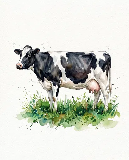 Watercolor Holstein Dairy Cow in Grass