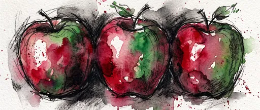 Watercolor and Charcoal Three Apples Illustration