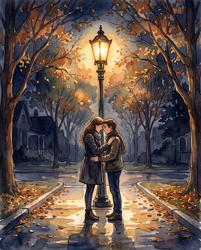 Watercolor Couple Embracing Under Autumn Streetlamp