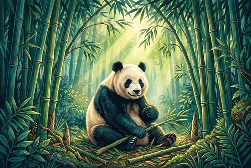 Illustrated Giant Panda in Sunlit Bamboo Forest