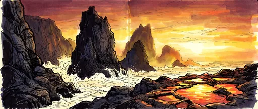 Ink and Marker Coastal Sunset Illustration