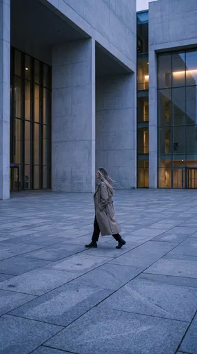 Woman Walking Across Modern Concrete Plaza