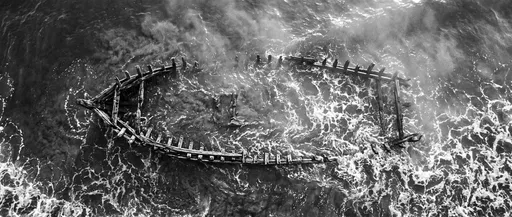 Aerial Monochrome View of Sunken Wooden Shipwreck