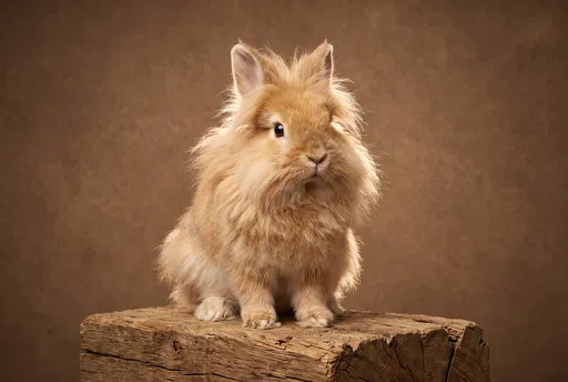 Golden Lionhead Rabbit on Wooden Block