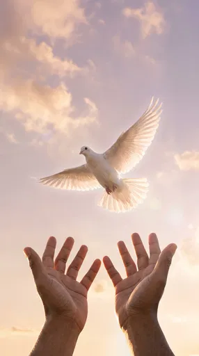 Hands Releasing White Dove Into Pastel Sky