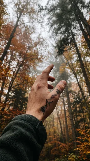 Hand With Mountain Tattoo In Autumn Forest