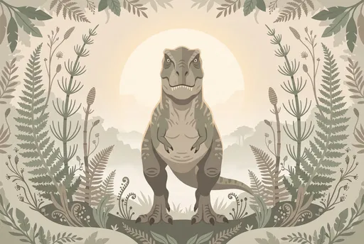 Symmetrical T-Rex in Prehistoric Foliage Illustration