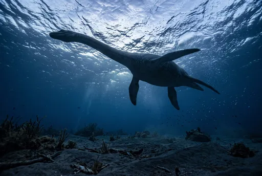 Plesiosaurus Swimming Above Sandy Seabed