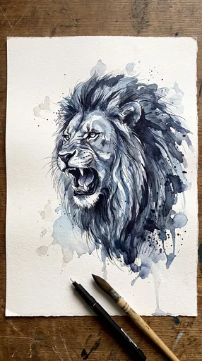Blue Watercolor Lion Drawing Flat Lay