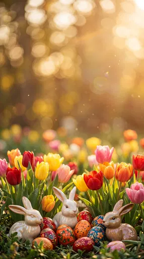 Ceramic Easter Bunnies and Eggs in Tulips