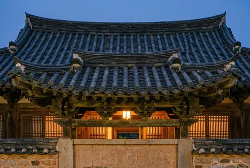 Traditional Tiled Roof Eaves at Blue Hour
