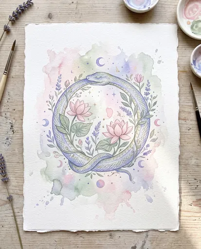 Watercolor Ouroboros Snake With Lotus Flowers