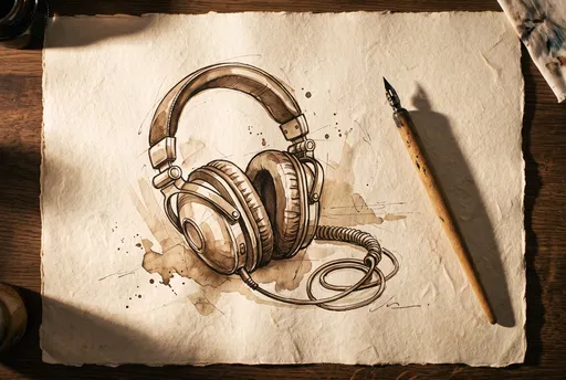 Sepia Ink Drawing of Retro Headphones