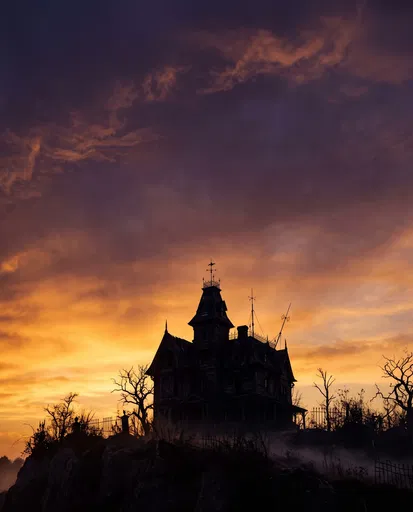 Gothic Haunted House Silhouette at Sunset