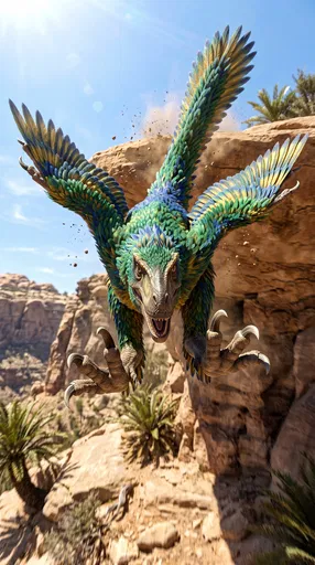 Feathered Raptor Dinosaur Leaping from Cliff