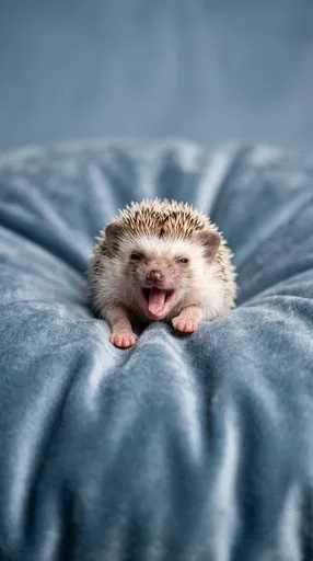 Yawning Baby Hedgehog on Blue Cushion