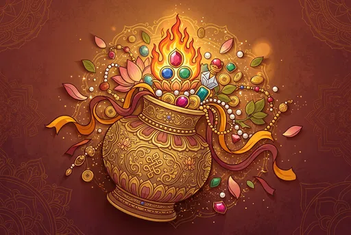 Ornate Buddhist Treasure Vase With Flaming Jewels