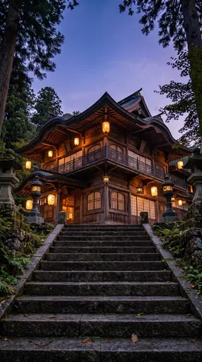 Japanese Wooden Pavilion at Twilight
