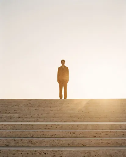 Man in Camel Suit on Steps