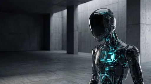 Futuristic Translucent Robot in Concrete Hall