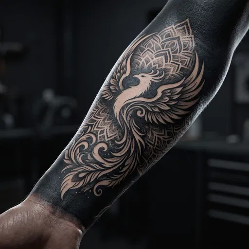 Blackout Forearm Tattoo With Negative Space Phoenix