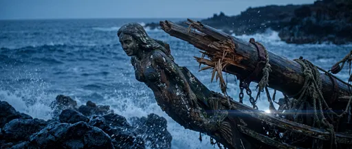 Wrecked Ship Mermaid Figurehead on Coastal Rocks