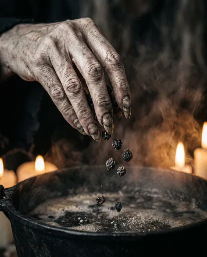 Witch Hand Dropping Berries Into Cauldron