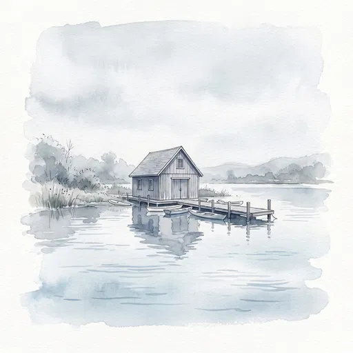 Watercolor Boathouse and Dock on Calm Lake