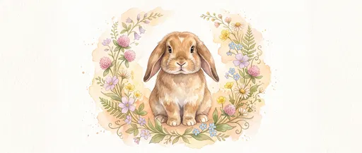 Watercolor Lop-Eared Bunny in Floral Wreath