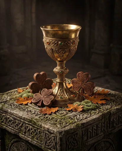 Golden Celtic Chalice on Stone Altar