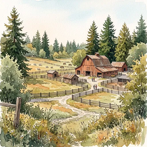 Watercolor Illustration of Rustic Northwest Farm