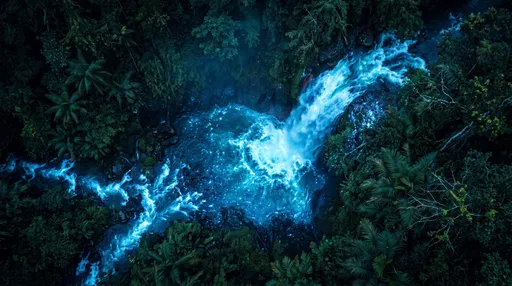 Aerial View of Glowing Bioluminescent Waterfall