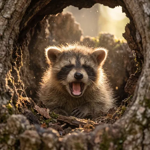 Baby Raccoon Yawning in Tree Hollow