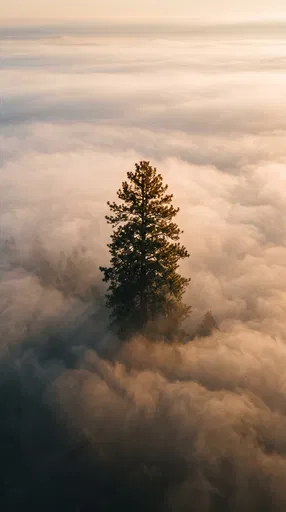 Lone Pine Tree Above Golden Fog