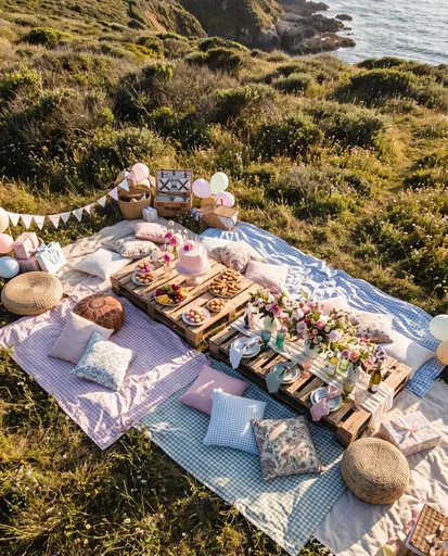Sunny Coastal Meadow Birthday Picnic Setup