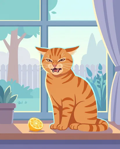 Grimacing Ginger Cat With Lemon on Windowsill