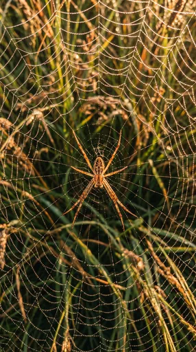 Spider on Dew-Covered Web in Meadow