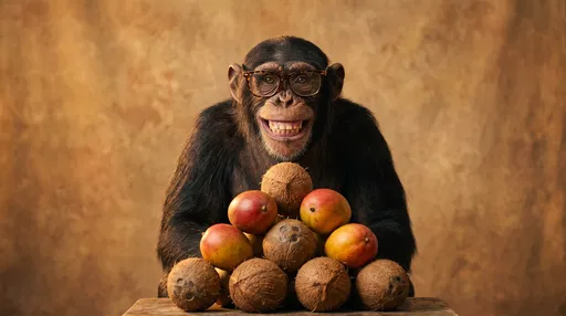 Smiling Chimpanzee With Glasses and Fruit Pyramid