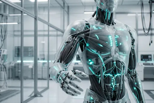 Translucent Robot Torso in Futuristic Lab