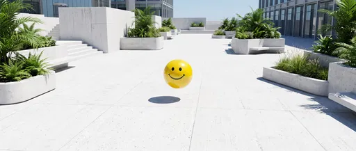 Yellow Smiley Sphere Floating in Concrete Courtyard