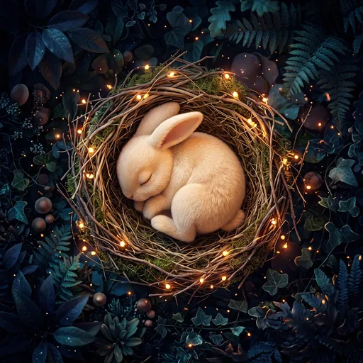Sleeping Cream Bunny in Glowing Nest