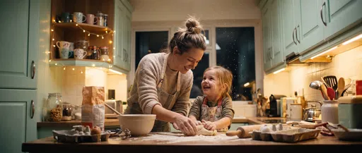 Mother and Daughter Baking Together at Night