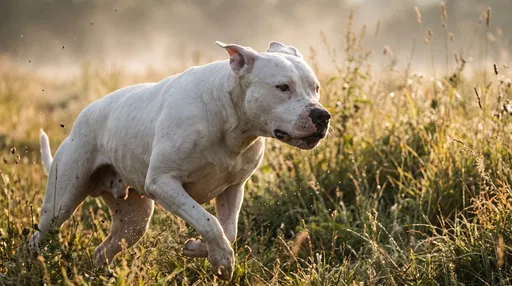 White Dogo Argentino Running in Golden Meadow