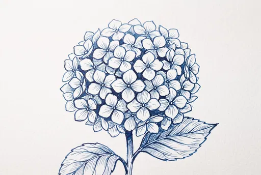 Blue Ink Hydrangea Sketch on Paper