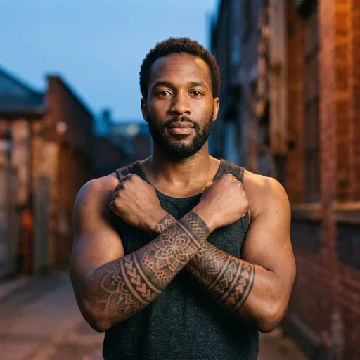 Man Showing Geometric Forearm Tattoos Outdoors