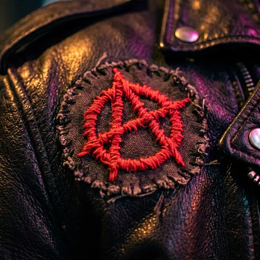 Embroidered Red Anarchy Patch on Leather Jacket