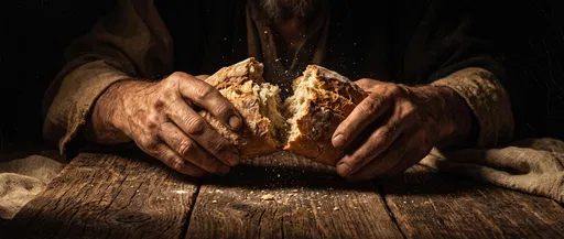 Weathered Hands Breaking Bread Over Table
