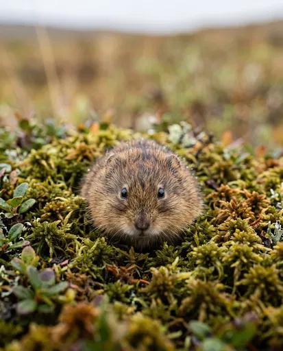 Brown Lemming Peeking from Tundra Moss
