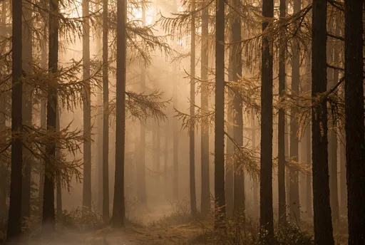 Golden Misty Larch Forest at Dawn